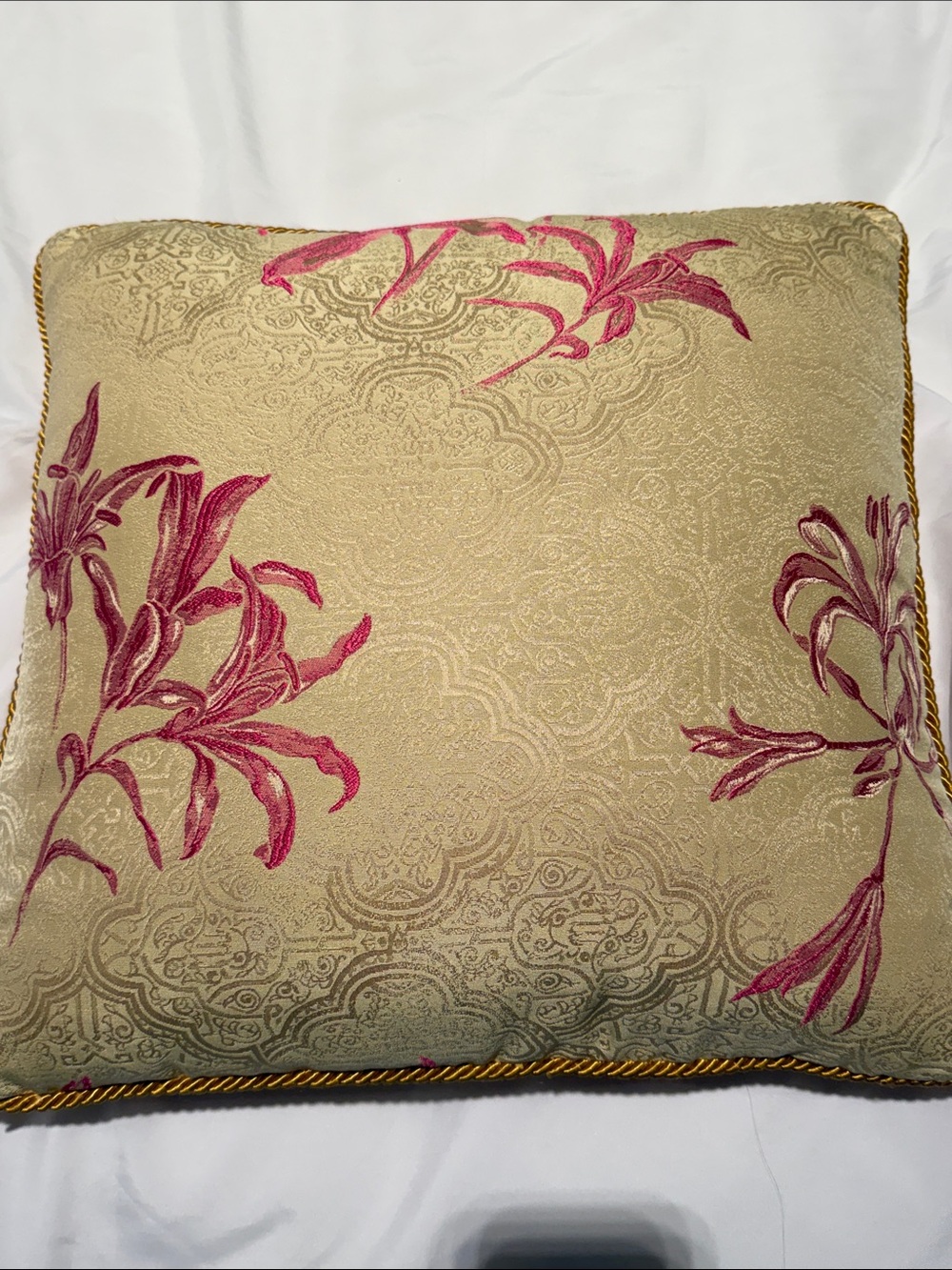 Versace Embroidered Floral Toss Pillow in Gold and Fuchsia